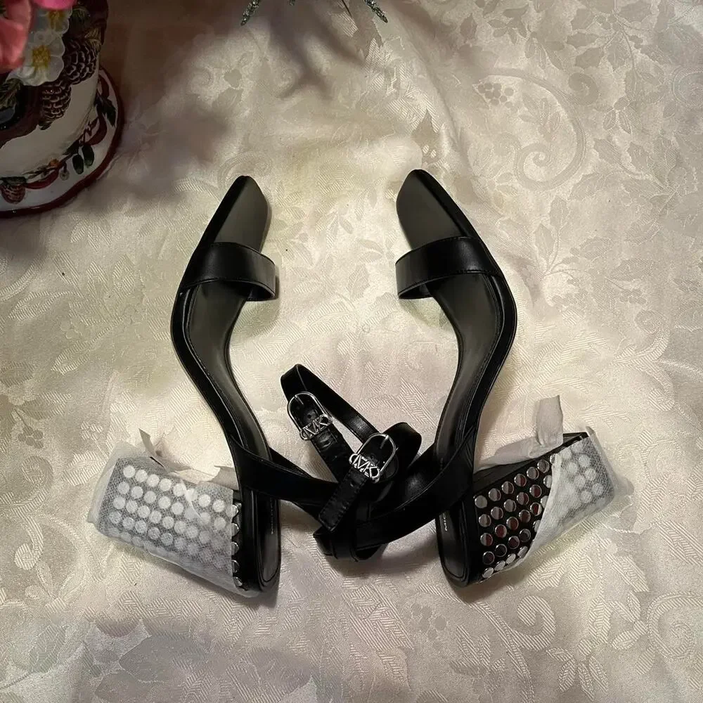 MICHAEL KORS Merriam Studded Leather Block-Heel Sandals – Size 9